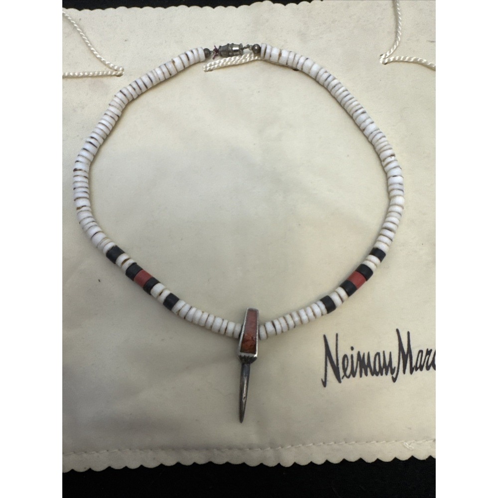 vintage puka shell necklace Native W Sterling Silver Hawk Claw Red Coral 16" EUC